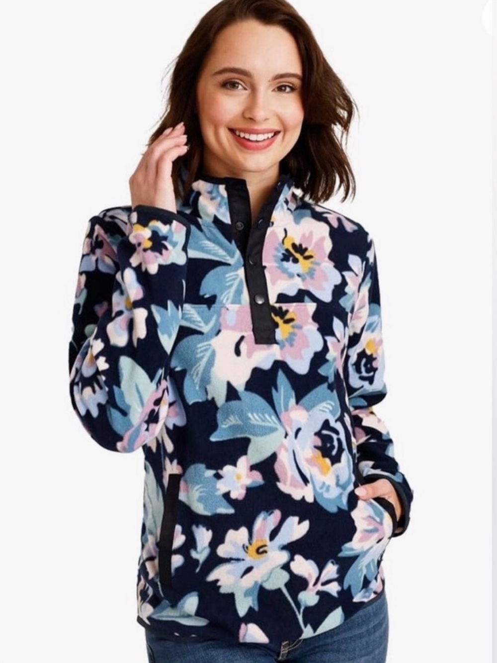Vera Bradley Fleece Floral Pullover Sweater Snap Button Collar Size Small
